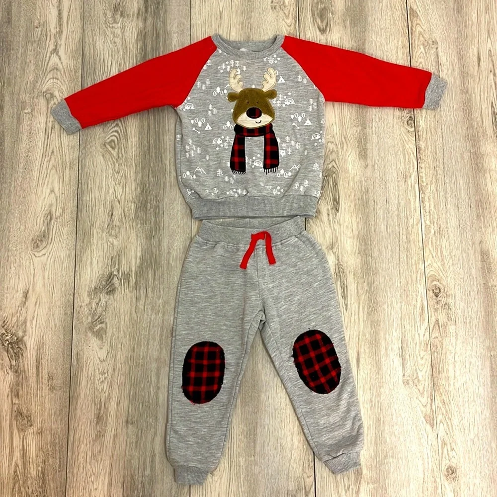Little Rebels Boys 2t holiday plaid reindeer sweat outfit